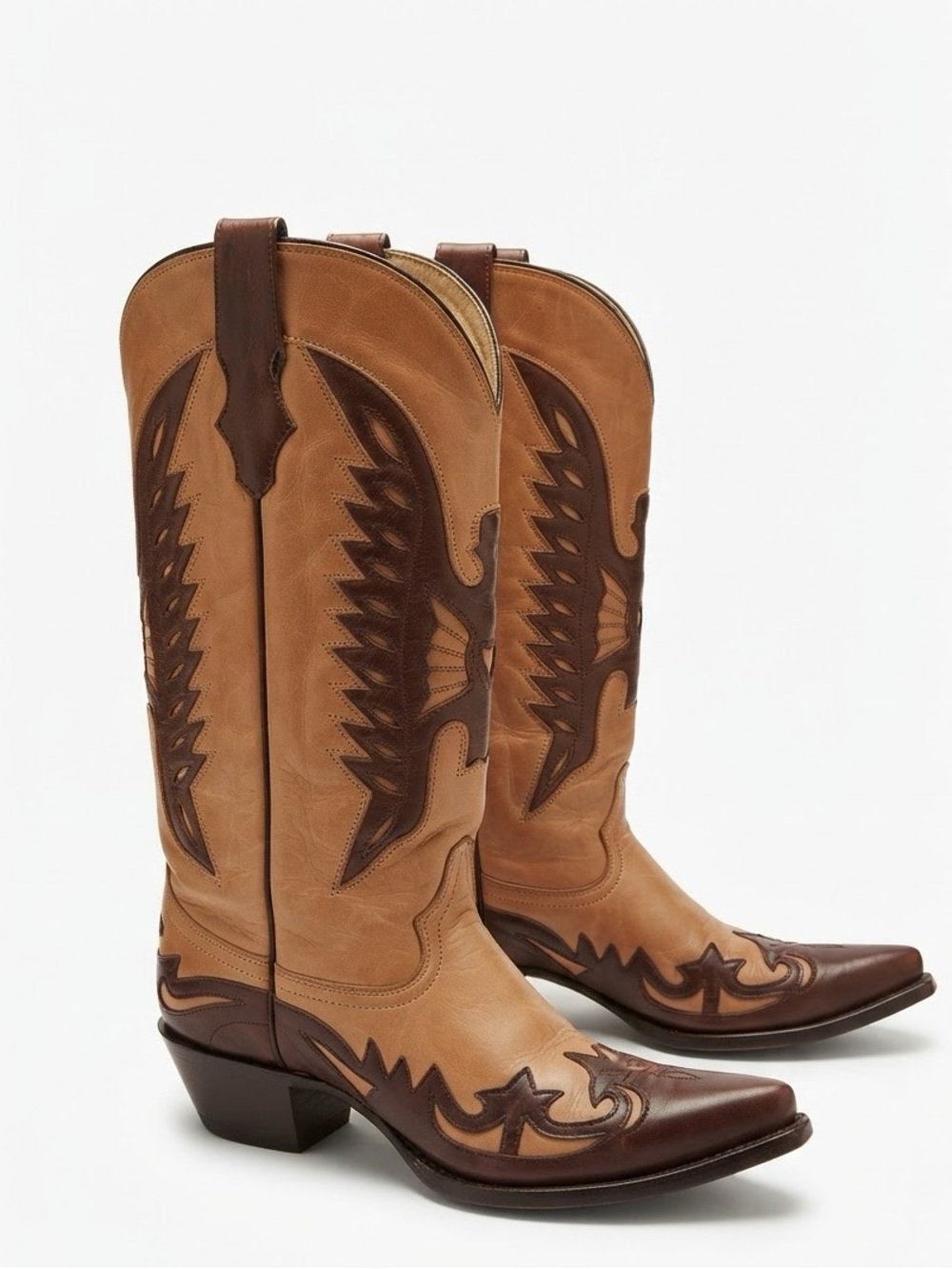 CORRAL Leather Two-Tone Tan & Brown Inlay Western Cowboy Boots - Women’s